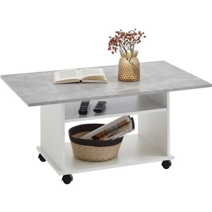 fmd table basse avec roulettes gris béton et blanc
