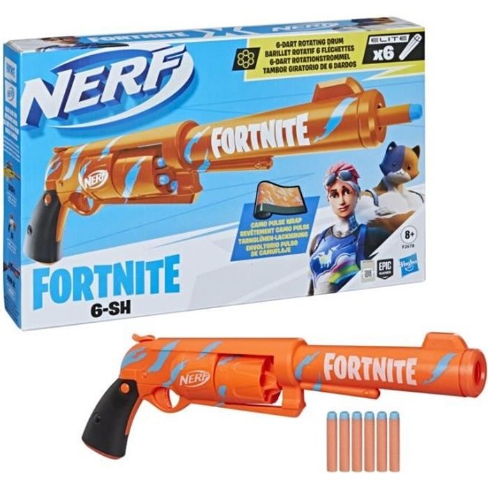 Nerf Fortnite, blaster HR, revêtement Ruff, chargeur 6 fléchettes