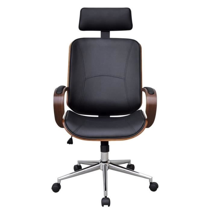 cen chaise de bureau rotative en bois cintré avec repose-tête et faux cuir noyer + fer chromé 64 x 64 x (116 - 124) cm  brun