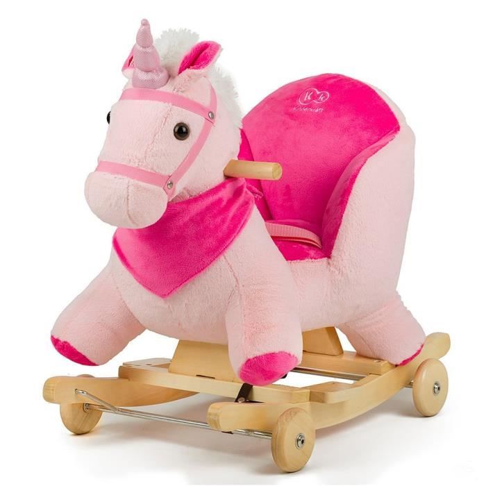 Cheval a bascule et a roulettes peluche et bois Rose Cdiscount Jeux Jouets