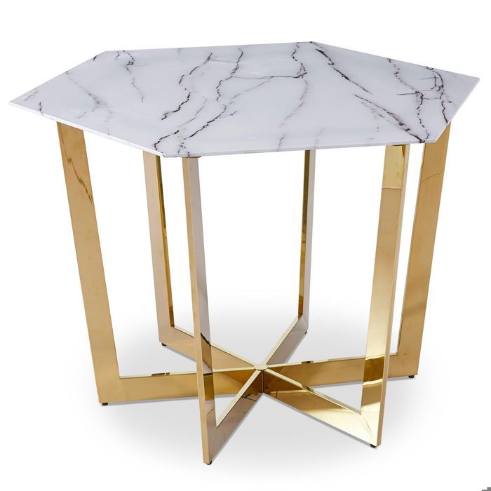 Table Hexagonale 120cm Zadig Verre Effet Marbre Blanc Pieds Or - Design Élégant