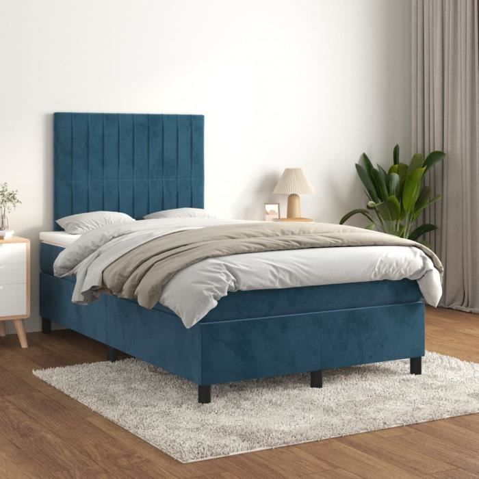 Lit à sommier tapissier - MOTHINESSTO - LY4206 - 120x200cm - Velours bleu foncé - Matelas inclus