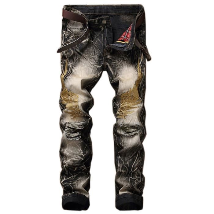 Jeans Homme LEOCLOTHO Jean brode Je 27 Slim Noir Tissu a sechage rapide