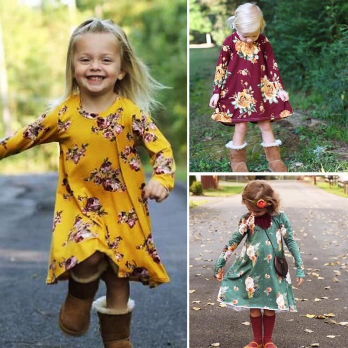 2 7 Ans Enfant Fille Robe Large a Fleurs Manches Longues Vetement Ete Mode Rouge Cdiscount Pret a Porter