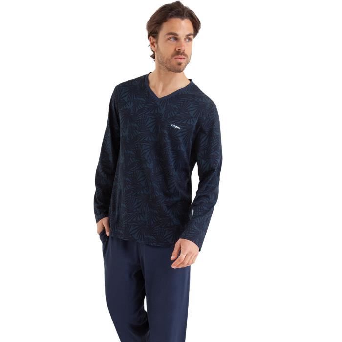 Pyjama long ATHENA Easy Print Bleu Homme 100 coton Label OEKO TEX standard 100 Imprime feuillage bleu marine fonce Cdiscount Pret a Porter