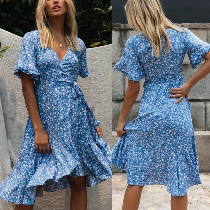 Femmes Sexy manches courtes Imprimer col en V Tie Up Boho Ruffle Beach ...