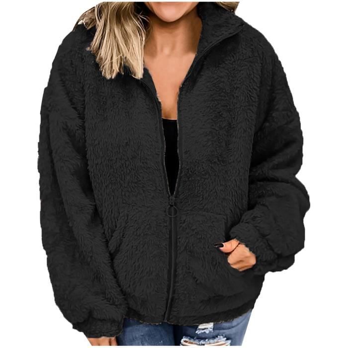 Manteau Femme Hiver Chic Grande Taille Casual Veste Chaude Sans Capuche Avec Fermeture Éclair Intégrale Manteaux D'hiver Chaud Avec Poches Cargo Haut Thermique Manche Longue Avec (Dark Blue, S