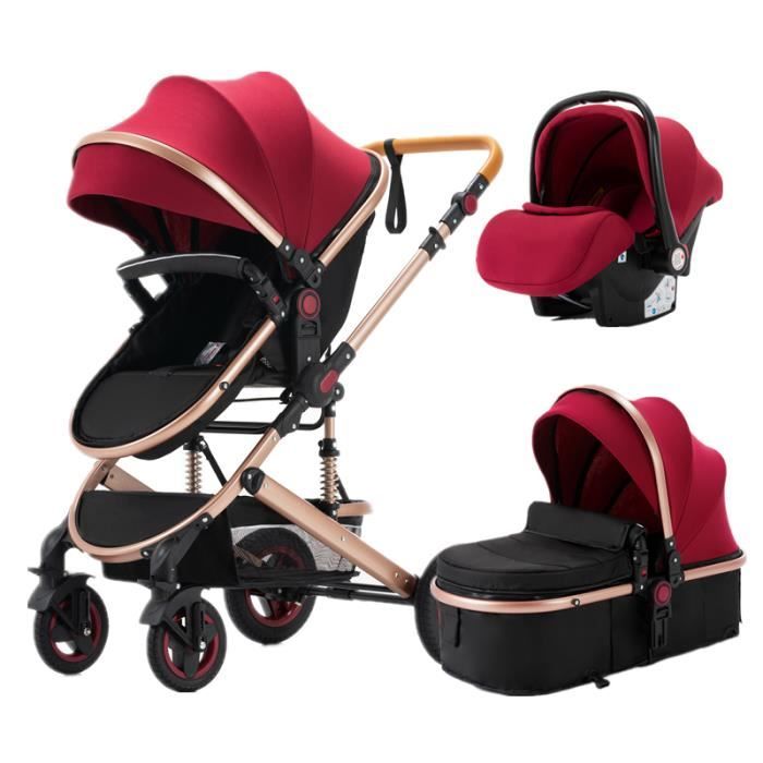 Poussette 3 en 1 Bébé Enfant Siège-Auto Nacelle Réversible Réglable Haute Qualité Roues increvables Luxe RougeNoir.swapbuyfr