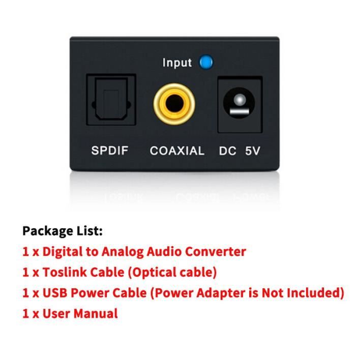 Convertisseur audio numérique noir jack 3. 5mm fiber optique coaxiale à  analogique aux rca l / r spdif