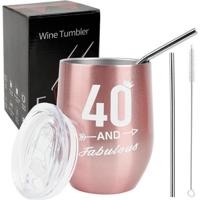 Gobelet à Vin Sans Pied 40 Ans - Acier Inoxydable, Isolation Double Paroi - Avec Paille Et Couvercle - Cadeau Femme - 7