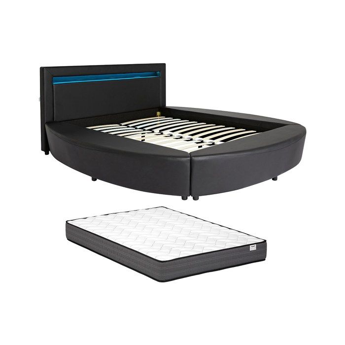 Lit rond 180 x 200 cm - Avec LEDs - Simili - Noir + Matelas - ABULIS III