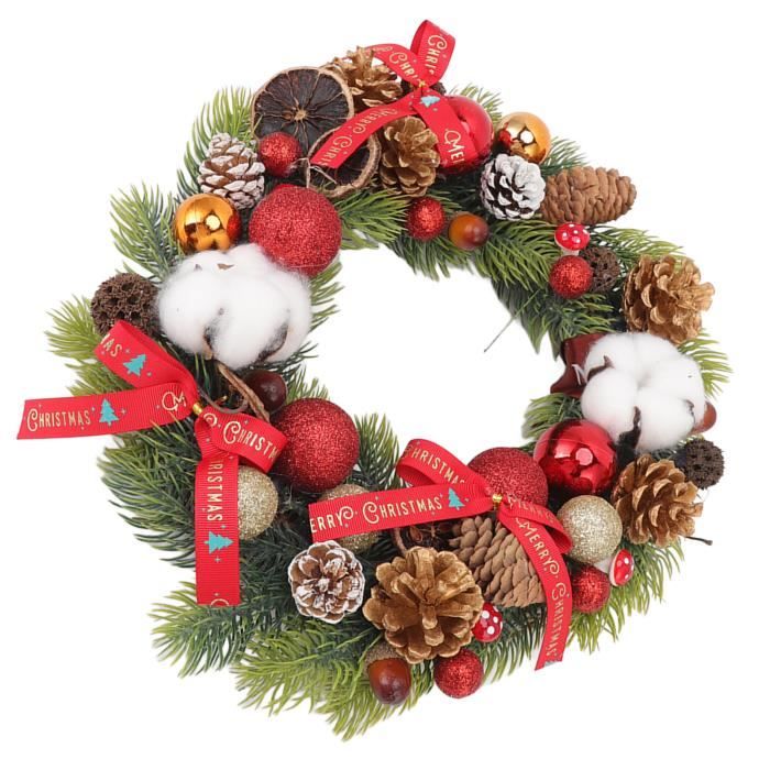 Zerone Couronne de Noël en boule de coton avec pommes de pin Guirlande