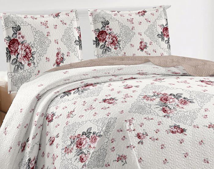 Couvre-lit Fanny & Céline 220x240cm - Matelassé Microfibre - 2 Taies 65x65cm - Blanc - Lavable Machine