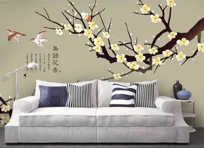 Papier Peint Panoramique 3D nouveau stylo chinois fleur oiseau peint à ...