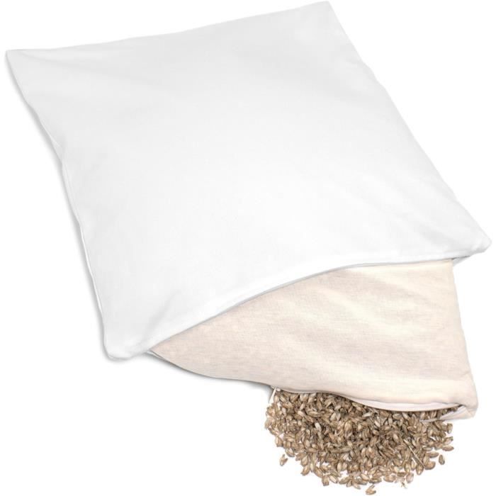 Coussin 40x40 Cm Aux Balles D’Épeautre Bio – Tissu Matelassé Blanc + Housse Intérieure Bio Extra