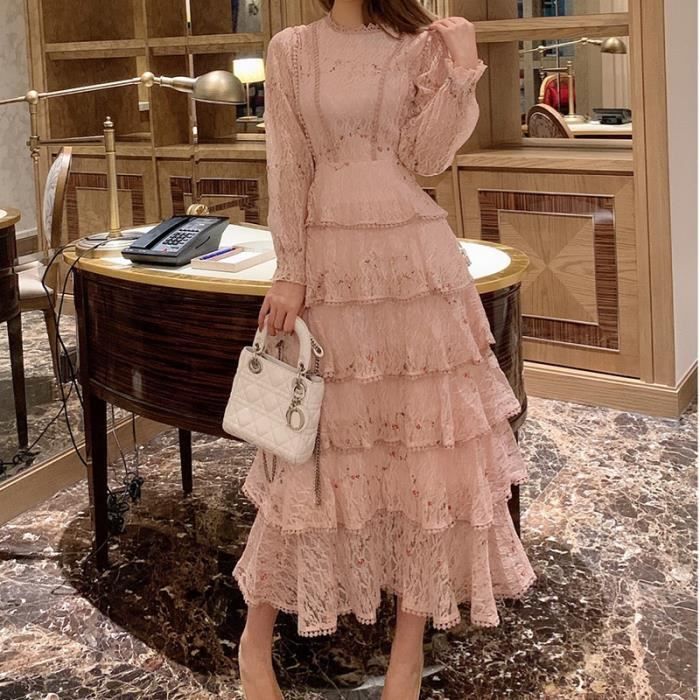 Robe Robe longue brodee en dentelle rose pour femme tenue de soiree elegante manches longues taille haute a Type pink Blanc Cdiscount Pret a Porter