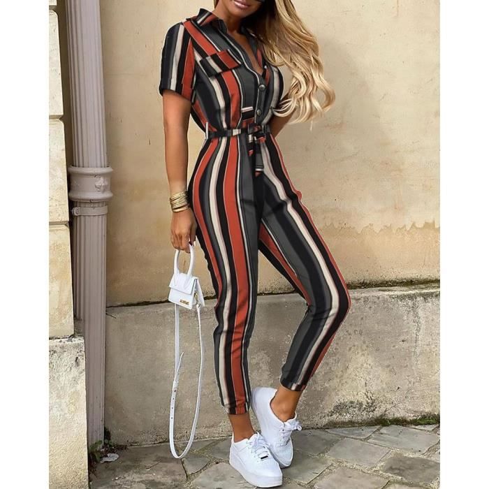 Combinaison Combinaison decontractee de couleur unie pour femmes salopette chemise a boutons col en V Type vert militaire Blanc Cdiscount Pret a Porter