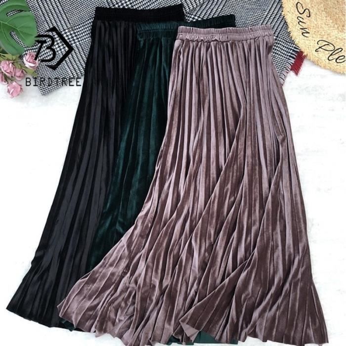 Jupe longue plissee en velours dore Type Black Femme Automne et hiver 2020 Blanc Cdiscount Pret a Porter