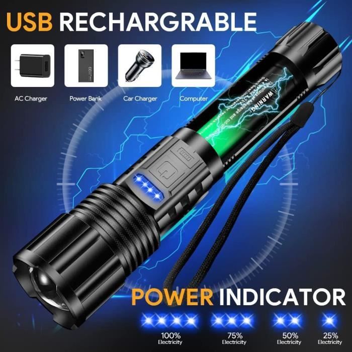 Lampe torche LED XHP50 ultra puissante rechargeable et étanche par USB  Kz1484 (B-noir, taille unique)[m1614] - Cdiscount Bricolage