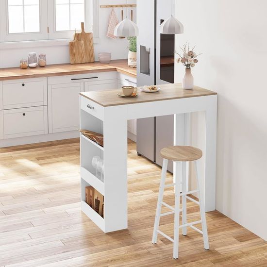 WOLTU Table Bar Haute 105x94x68cm Blanc Chêne Clair - Mange Debout Avec Rangement, Porte-Verres Et Étagères