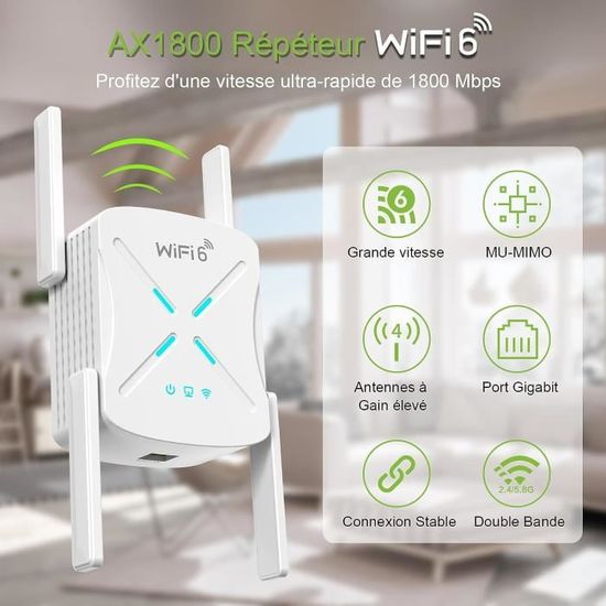 Répéteur WiFi 6 Amplificateur WiFi AX1800 Mbps Repeteur WiFi Puissant avec  Port Ethernet Gigabit, Extender WiFi Couvre jusqu'à 170m² - Cdiscount TV  Son Photo