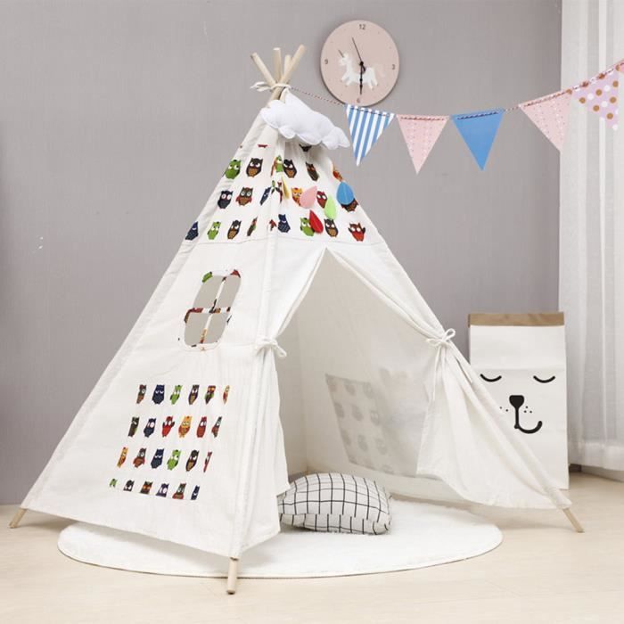 HOMCOM Tente tipi pour enfant en coton polyester et bois de pin grande  tente 120 x 120 x 155 cm blanc multicolore pour intérieur extérieur