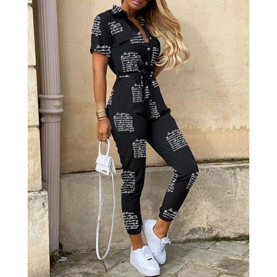 Combinaison Combinaison decontractee de couleur unie pour femmes salopette chemise a boutons col en V Type vert militaire Blanc Cdiscount Pret a Porter