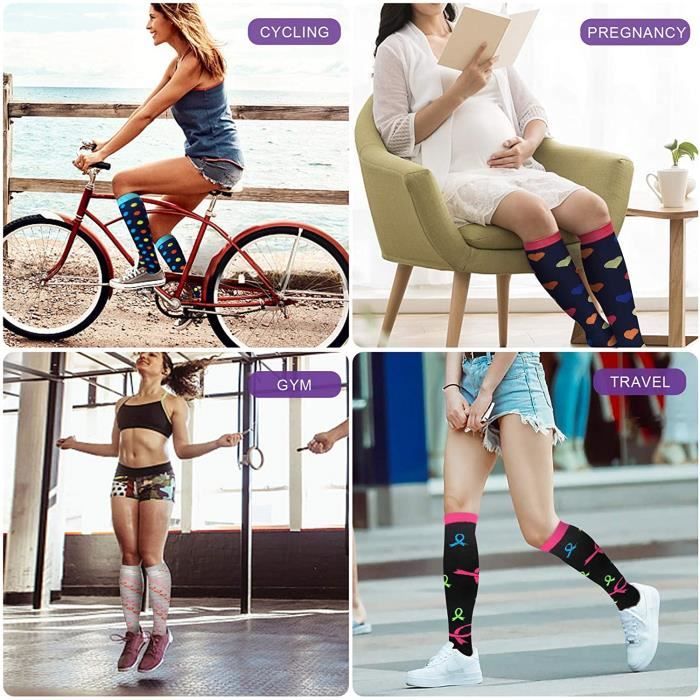 Lot de 6 paires de chaussettes de compression pour femme - Hauteur au genou  - 20-30 mmHg - Pour la grossesse, l'athlétisme, la cours