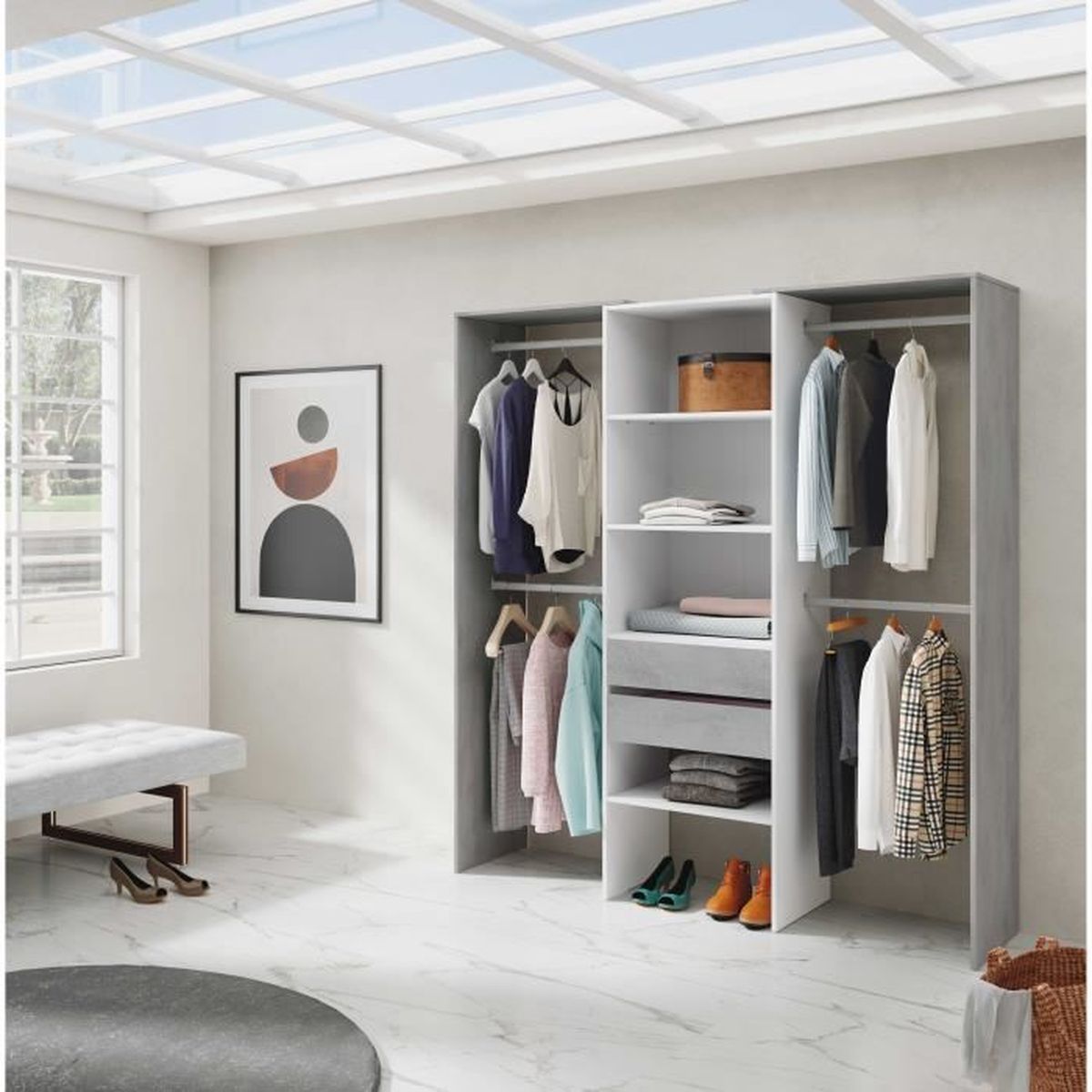 DRISIA Armoire dressing avec étagères et 4 penderies gris et blanc