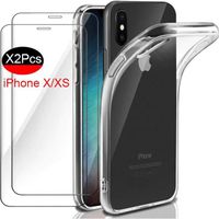 5,8" Coque iPhone X/XS Transparente + 2 x film de protection écran en verre trempé HD, Souple Silicone étui Protecteur Bumper Clair