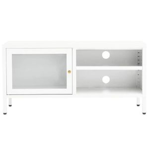 MEUBLE TV Meuble TV Blanc YOSOO - Acier et verre - 90x30x44 cm - Porte vitrée et étagère