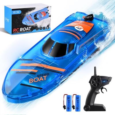 Zhwidnerso Bateau Télécommandé avec Lumières LED, 2,4 GHz RC Boat Entièrement Proportionnel, Jouets de Piscine, Récupération de Chavirage, pour Adultes, Enfants, Piscine, Lac, Étang