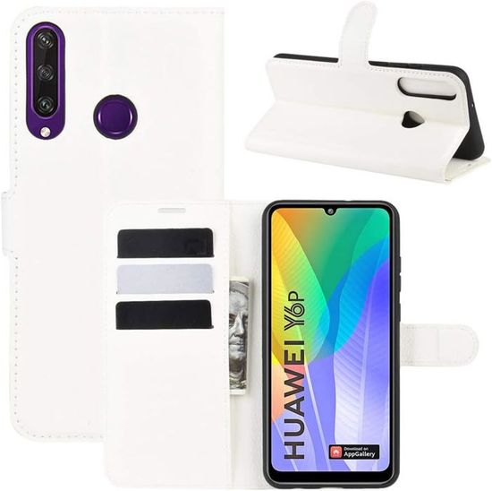 Housse étui Huawei Y6p 6,3 Pouces en Cuir PU avec Motif Litchi, Support Intégré et Fermeture