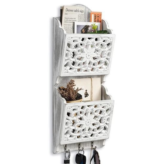 Porte Clé Mural NAROSEBE - Bois Blanc, 5 Crochets, Rangement Courrier, Pour Entrée Ou Couloir
