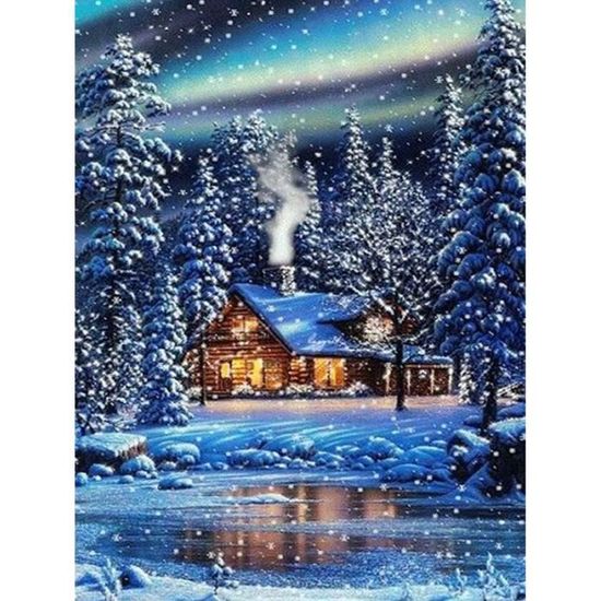 DIY 5D Diamant Peinture Point De Croix Broderie Diamond Painting Kits Salon Chambre Décoration Autocollant Mural, Scène De Neige en Hiver Paysage De Ferme 30x40 cm