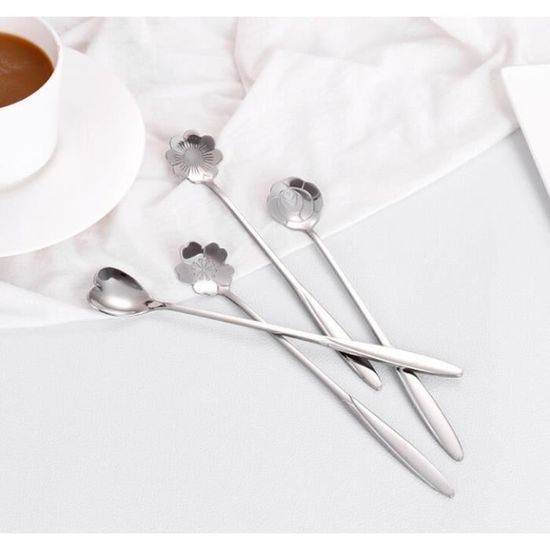 4 Cuillères En Acier Inoxydable à Motif Fleur - Pour Café, Glaces, Décoration