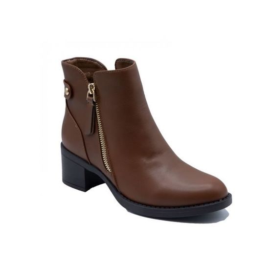 Bottines femme Primtex Petit talon carr Simili cuir souple Marron