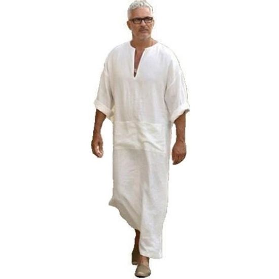 Hommes Djellaba en coton et lin Couleur unie Fente Manches longues Europe et Amerique Robe Blanc Blanc Cdiscount Pret a Porter