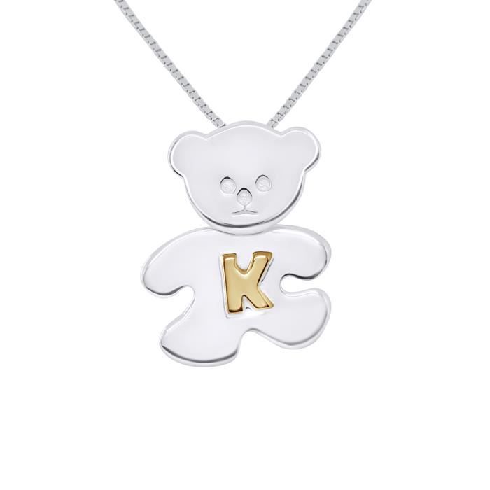 Pendentif Enfants - LÉA & ARTHUR - OURSON - Argent 925 Rhodié - Lettre K Plaqué Or Jaune