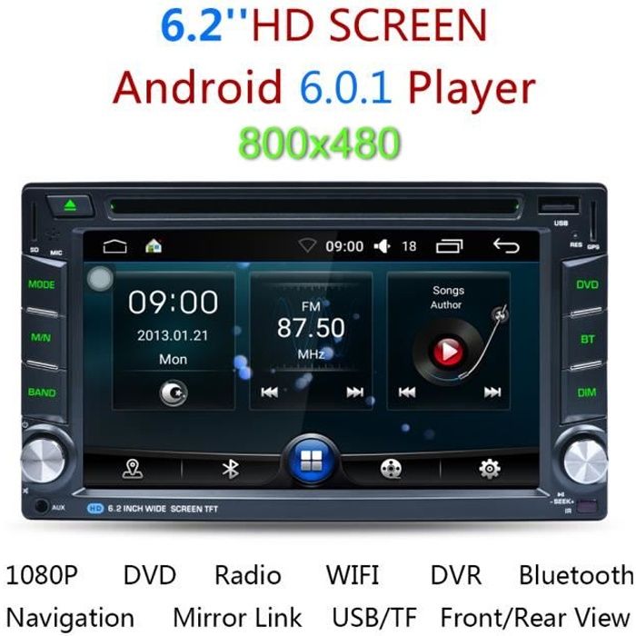 Autoradio 6.2” Dual Core Double 2 DIN Android 6.0 HD Voiture DVD GPS Stereo AM/FM/RDS Radio Lecteur multimédia Bluetooth 3G WIFI