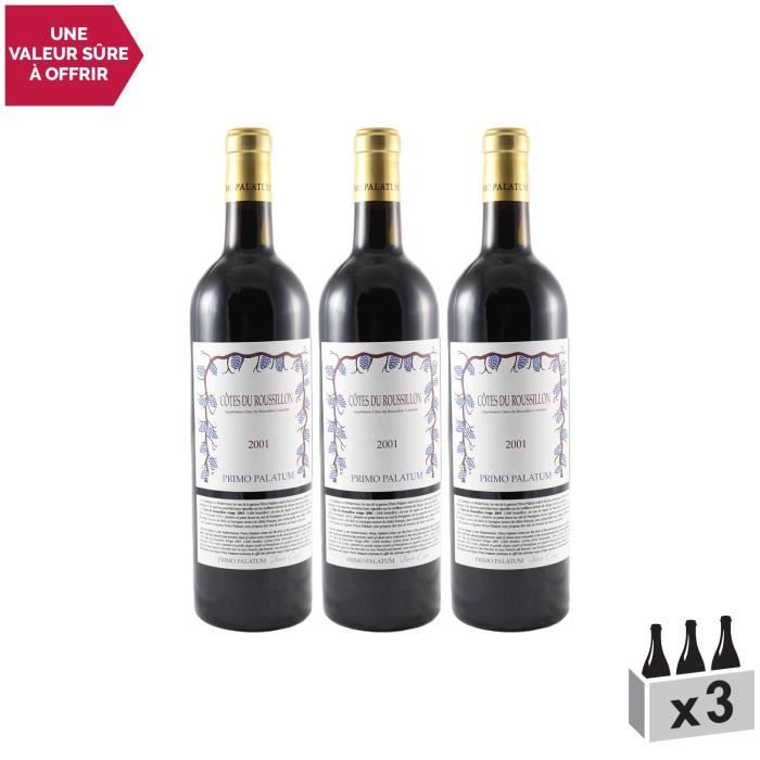 Primo Palatum Côtes du Roussillon Rouge 2001 - Lot de 3x75cl - Vin AOC Rouge du Languedoc - Roussillon - Cépages Mourvèdre, Syrah,