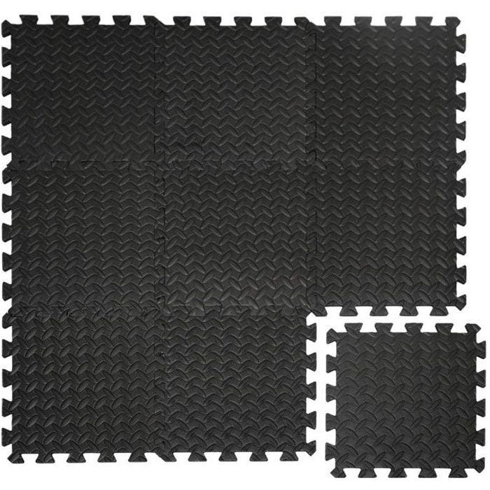Protections Sol en mousse EVA 10mm d'épaisseur Tapis Puzzle de Fitness sport composé de 9 fragments dimension 0,81qm extensible Noir
