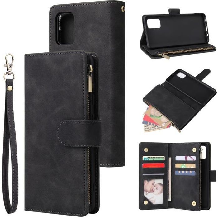Haut de Gamme Portefeuille 9 cartes Housse Samsung Galaxy A51 Coque Étui Cuir Portefeuille Multi-Usage Noir