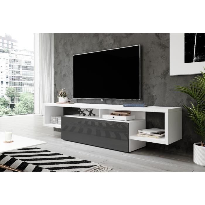 E-com Meuble tele 048 - 140 cm, Corps Blanc / Facade Grise Laquee