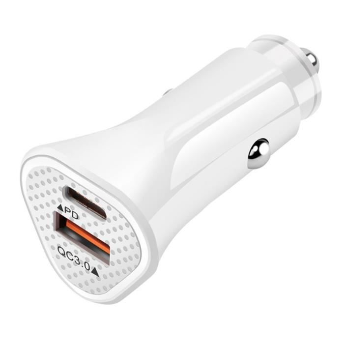 Chargeur de Voiture Quick Charge, Type-C et USB Allume-cigare, Chargeur Rapide Blanc