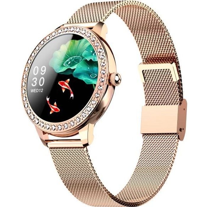 Montre Connectée Sport Femme, Bracelet Alliage 40 Strass Smartwatch avec Période Physiologique-Blood Oxygen-Cadeau Femme-Rose Doré