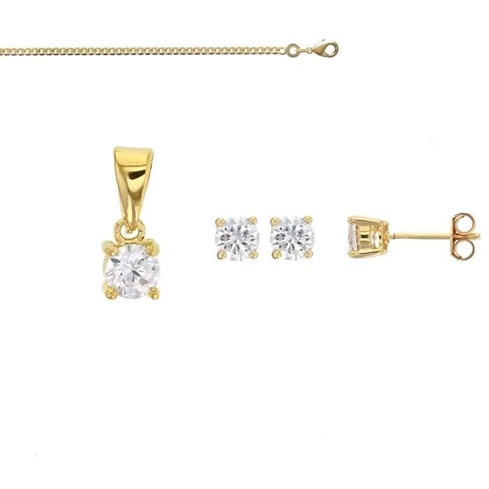 Parure Bijoux Solitaire Cristal Diamant Blanc Femme Or Jaune GF 750*