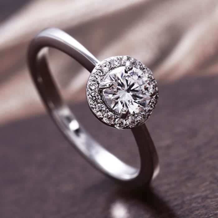 fête mariage bague 18k blanc plaqué or Halo femmes bague coupe ronde cristal taille 54