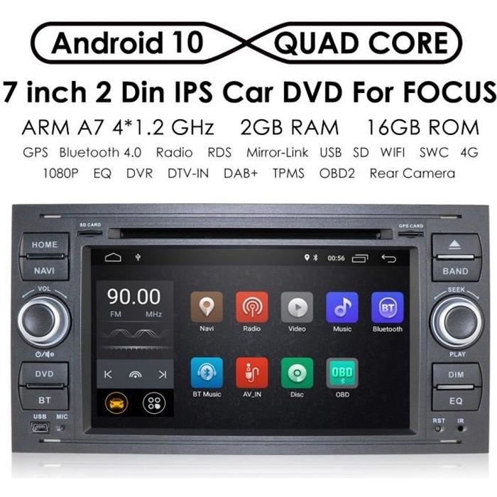 Android 10 en Dash radio double DIN stéréo l'interface de l'Autoradio écran tactile de 17,8 cm pour Ford Focus Mondeo S-Max C-Max Ga