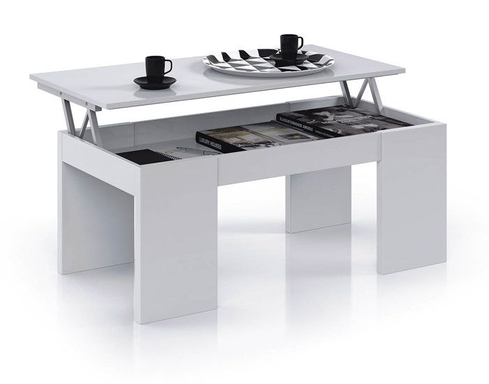 Table Basse à Plateau Relevable coloris Blanc brillant - Longueur 100 x Largeur 50 x Hauteur 43-55 cm